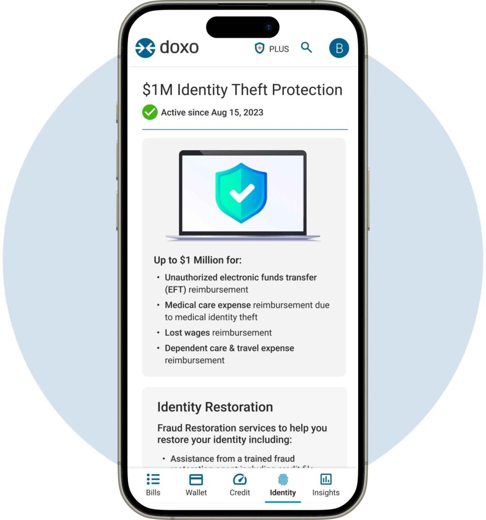 $1M Identity Theft Protection Active account on iPhone with doxoPLUS Subscription