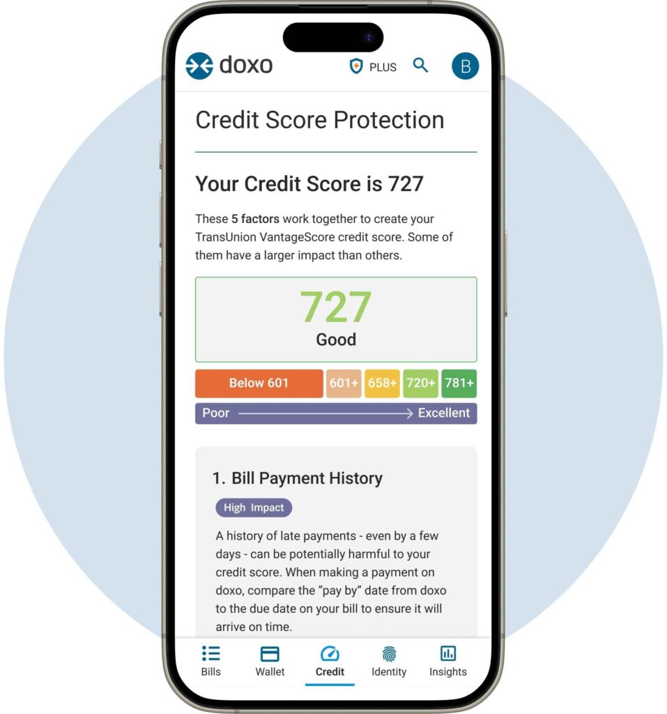 doxo's credit score protection app on an iPhone with doxoPLUS Subscription