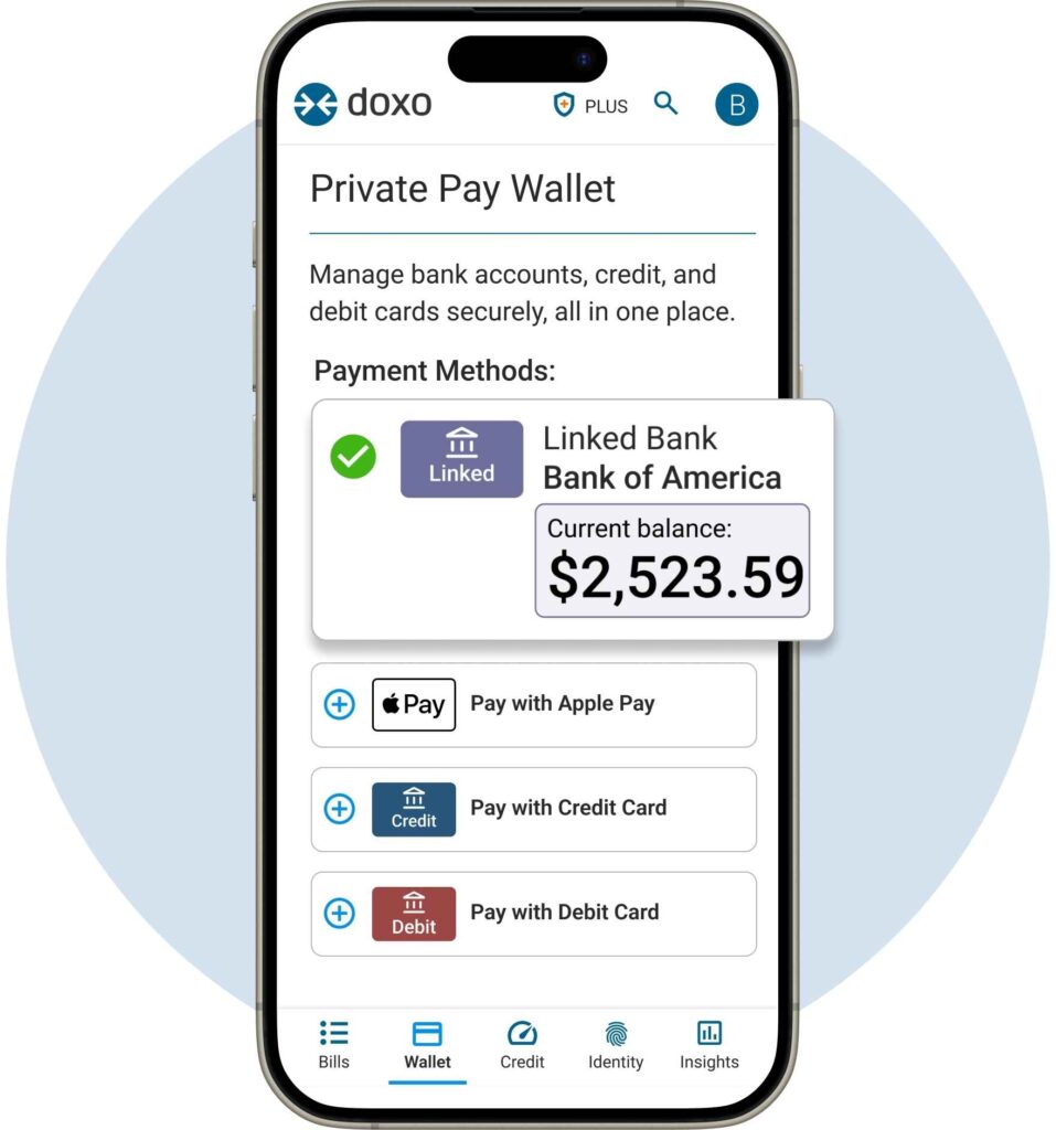doxo's Private Pay Wallet with Linked Bank Account providing Real-time Bank Balance, Current Balance dollar amount. When you link bank account you can view your real-time current balance before making a bill payment.