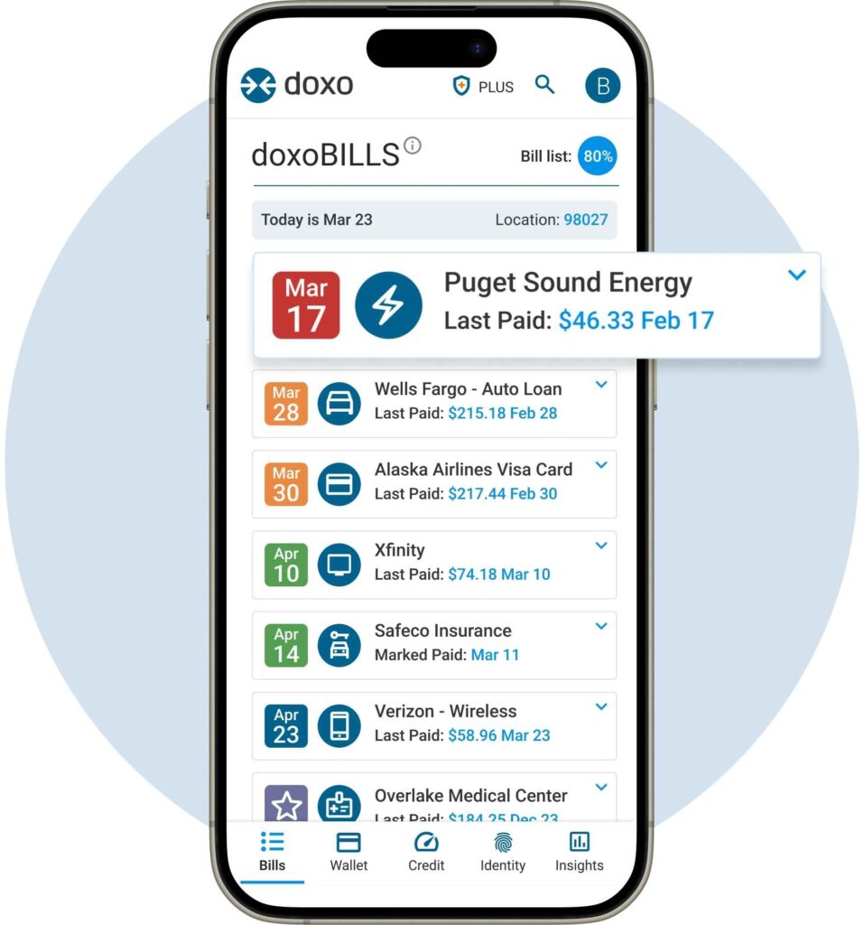 All-in-One Bill Pay: doxoBILLS bill list with calendar view on an iPhone