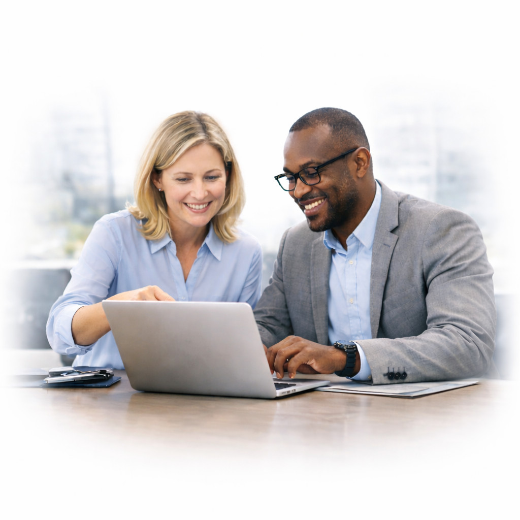 A man and woman sitting at a desk and looking at a laptop screen together.