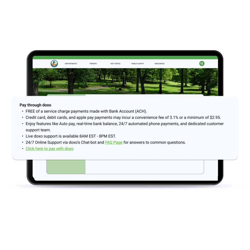 Tablet displaying 'Pay through doxo' features including: free bank account payments, convenience fees for cards/Apple Pay, Auto pay, and 24/7 support info