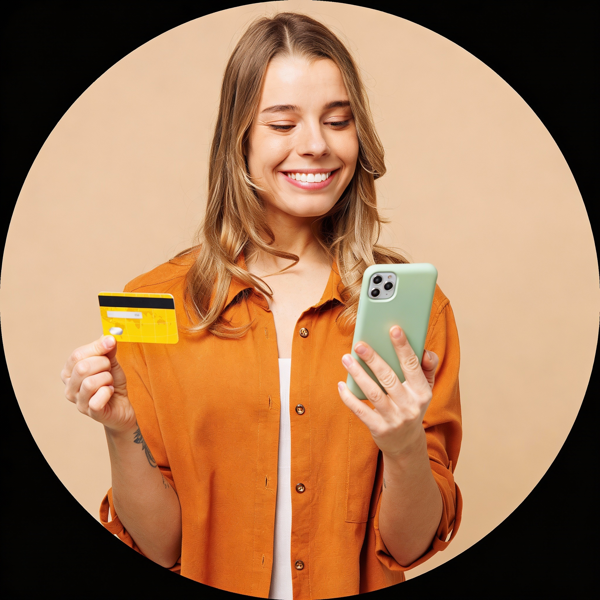 Customer using a mobile phone and payment card.